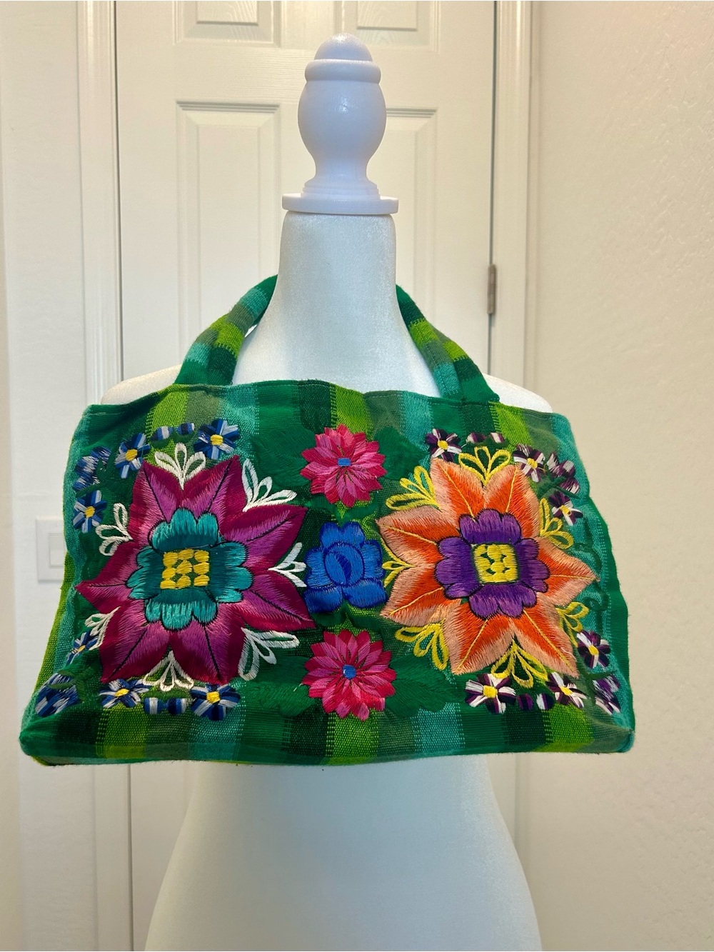 Green and Blue Striped Floral Embroidered Purse